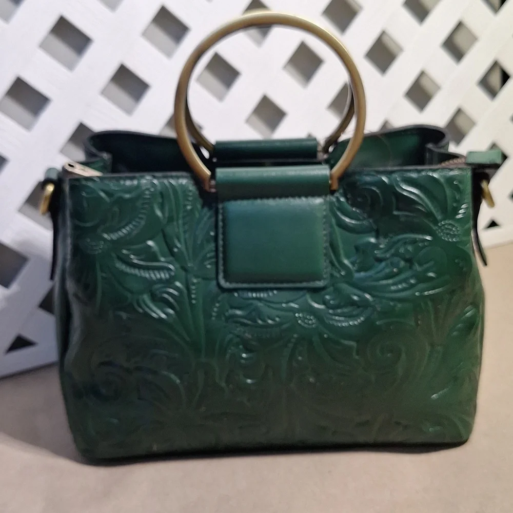 NWT Patricia Nash Empoli Burnished Tooled Leather Green Satchel Crossbody Bag - Picture 4 of 10